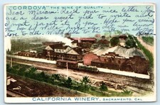 Postal de vagones de ferrocarril SACRAMENTO, CA ~ Córdova Wine bodega de California 1907