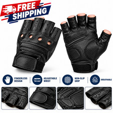 Mens Motorcycle Fingerless Leather Half Finger Driving Biker Black Gloves