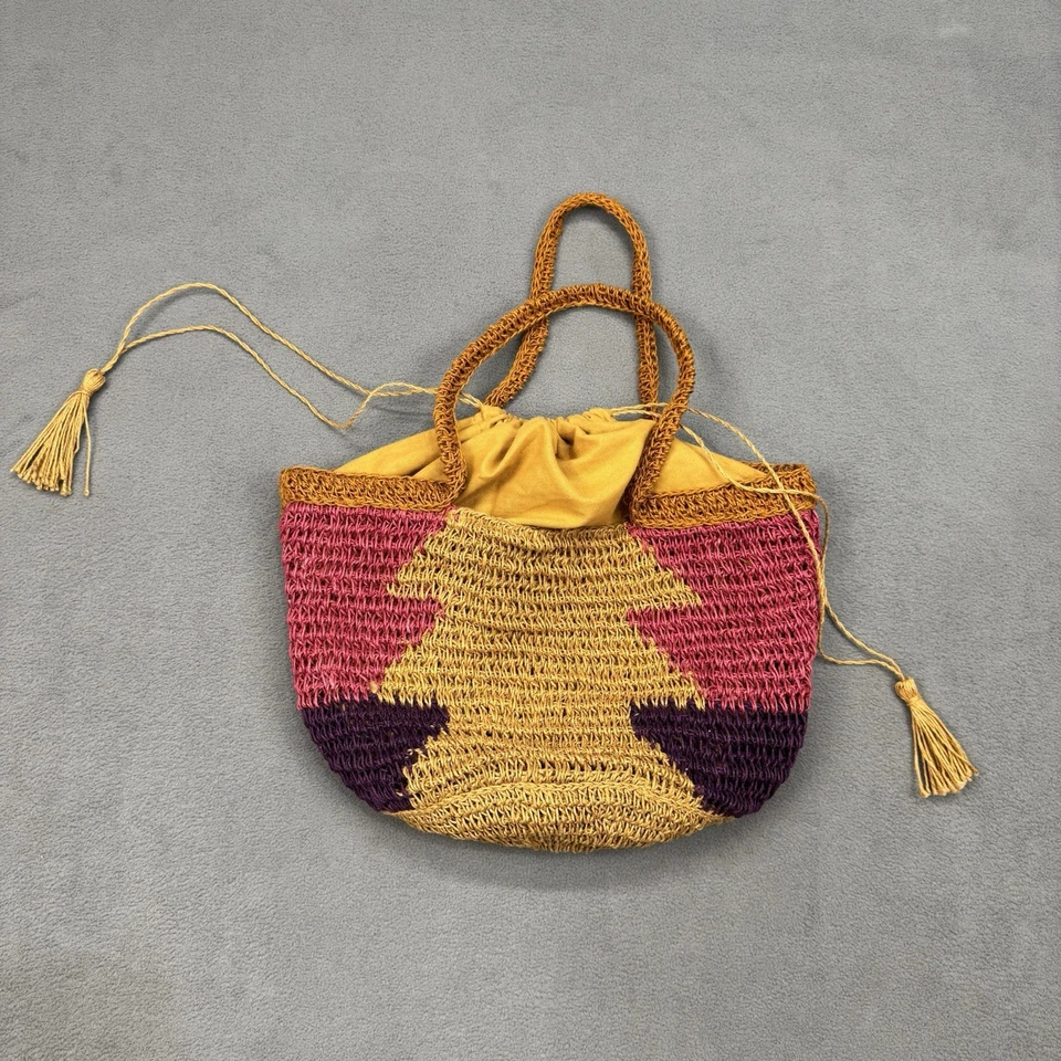 Bolso de Mano Zara Tostado Amarillo Rosa Púrpura Tejido Yute Cesta Estilo Mango Boho Playa Foto 2 de 4