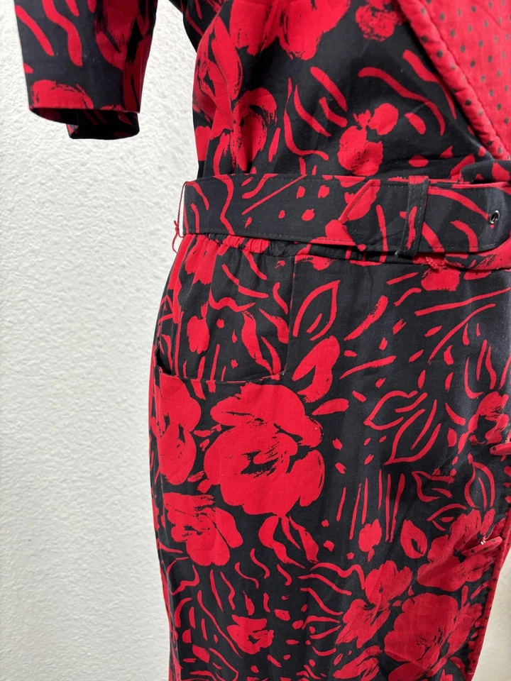 复古 Brenner 连衣裙女式大号黑色红色裹身腰带花卉圆点 80 年代 — 第 4/4 张图片