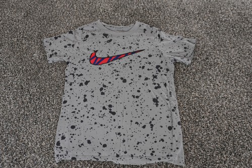 Nike Shirt Boys Small Gray Splatter Swoosh Logo Tee Athletic Short Sleeve - 第 1/8 張圖片