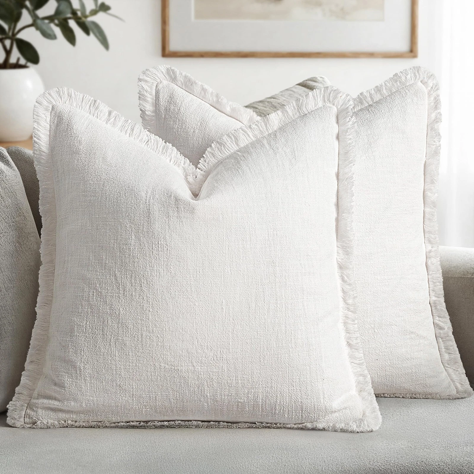 Decorative Throw Pillow Covers Neutral Linen Fringe Throw Pillows Set of 2 Wh...
