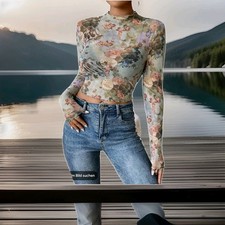 Damen Langarmshirt Mesh Leicht Transparent  Mehrfarbig Sexy Kurz