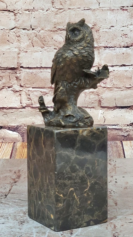 Escultura de bronze, estátua feita à mão animal coruja figura pura em base de mármore obra de arte - Imagem 4 de 4