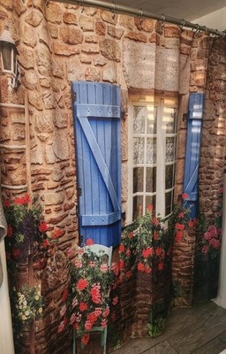 COUNTRY COTTAGE WINDOW FLORAL WALL SHOWER CURTAIN / BACKDROP