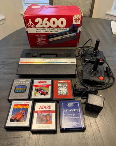 VINTAGE ATARI 2600 w/ORIGINAL BOX, 2 JOYSTICKS, 6 GAMES, A/C ADAPTOR-NOT TESTED