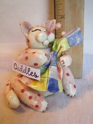 WhimsiClay Cuddles,  vintage small cat with patchwork quilt, missing whiskers