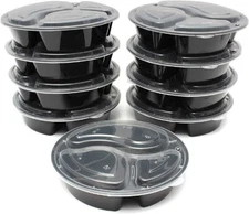 Meal Prep 48 oz Three Compartment Food Containers with Lids 10 Pack Black Round
