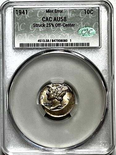 1941 MERCURY DIME STRUCK 25% OFF-CENTER 10C ERROR NICEST AU58 CAC