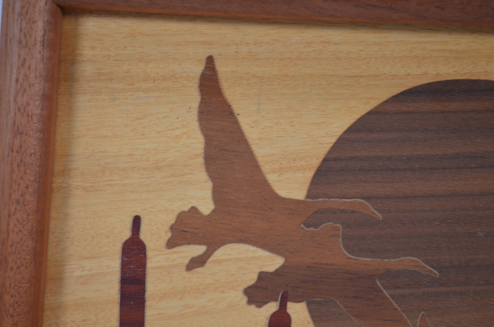 Vintage 1985  Hand Carved  Wood Inlay Flying Duck Marquetry Artwork  11” x 9”