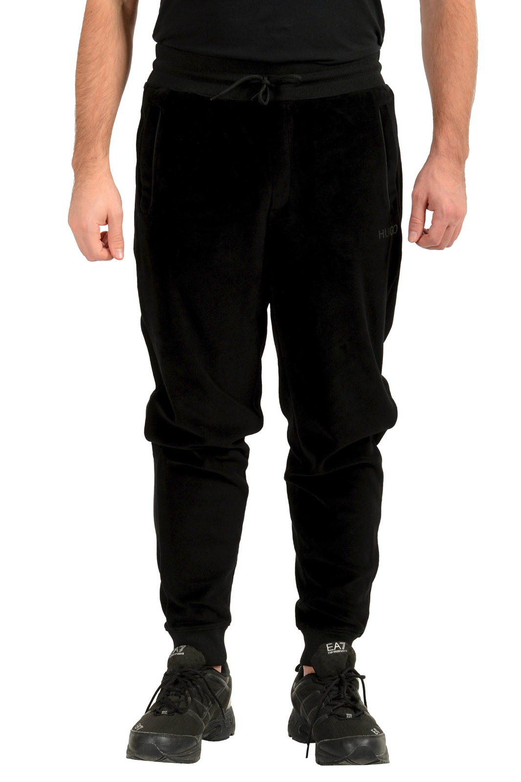 Спортивные брюки Hugo Boss мужские Dechi221 из черного велюра с принтом логотипа 15690₽