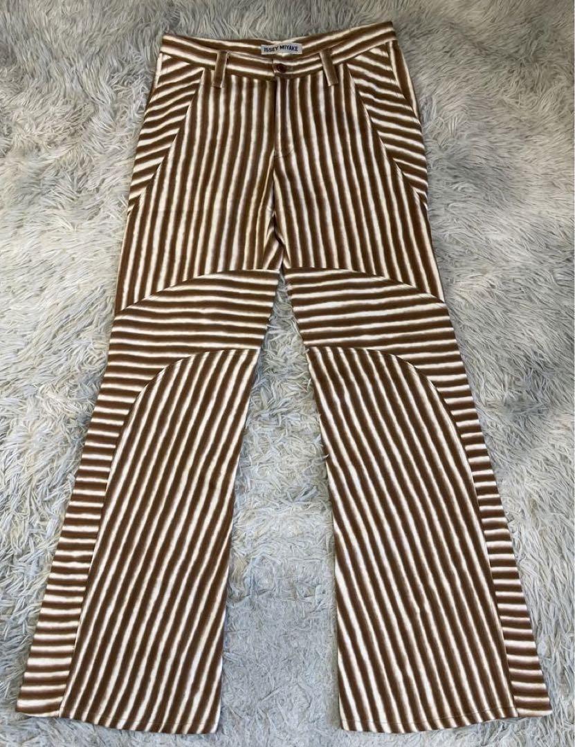 ISSEY MIYAKE Stripe Pattern Cotton Denim Pant Boot Cut Brown ISSEY MIYAKE Stripe Pattern Cotton Denim Pant Boot Cut Brown