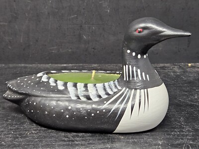Ceramic Black & White Loon Statue w/Candle Hand Painted Made In Canada 7'' Long