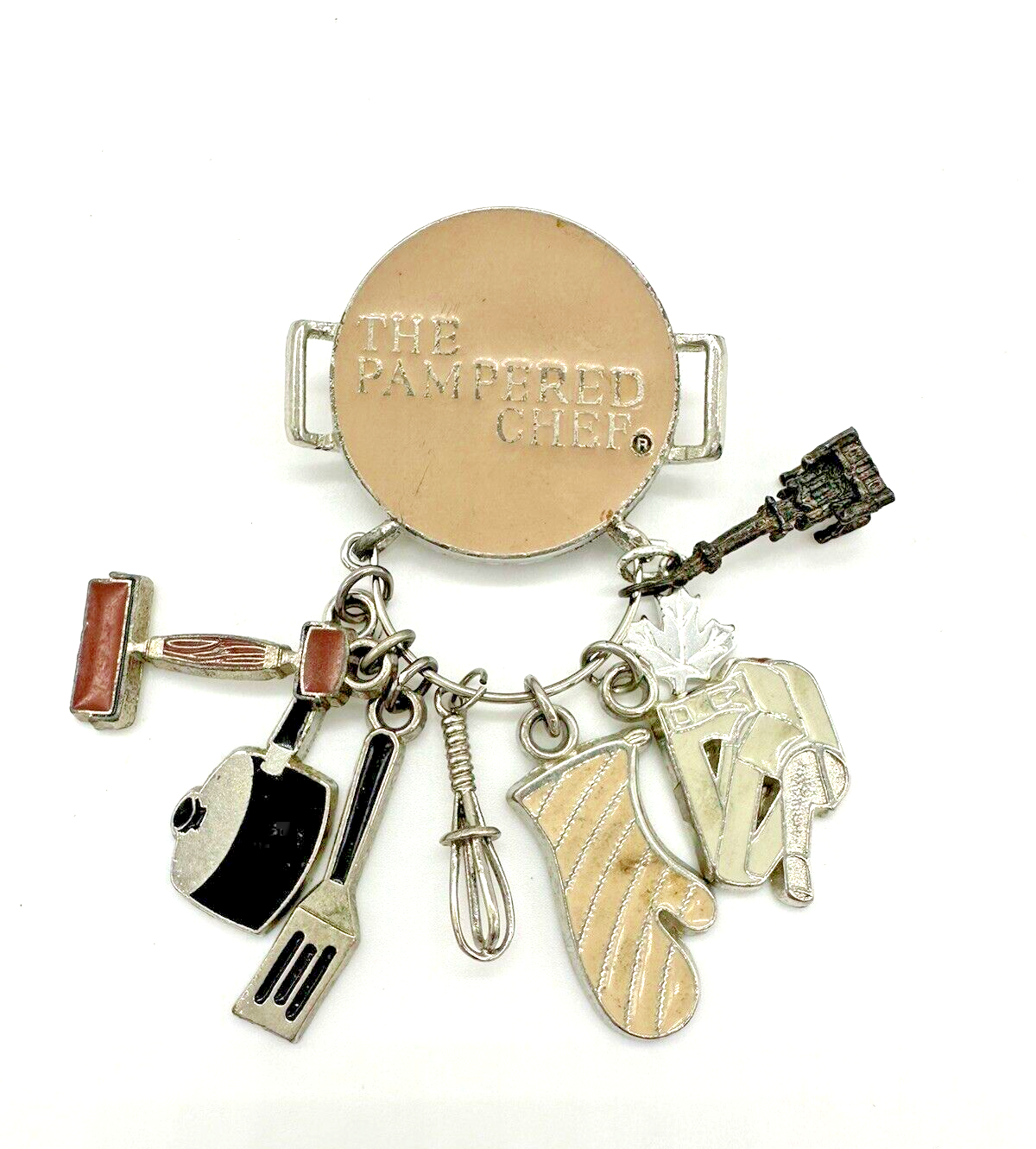 Pampered Chef Vintage Charm Pin Brooch with 9 High-Quality Utensil Charms