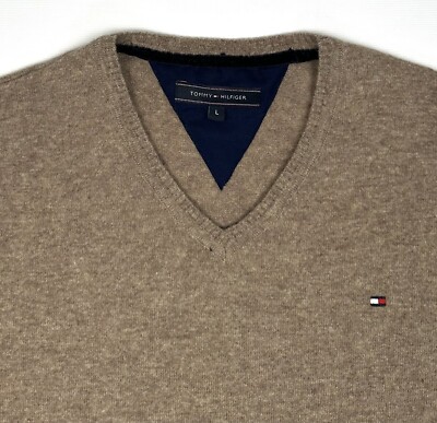 Tommy Hilfiger Wool Sweater Mens L Pullover V Neck Brown