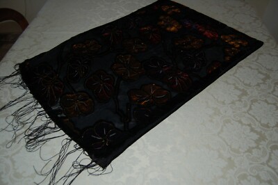 Women's Scarf, Black Jewelry Appliques, Silk and Viscose, 190cmx50cm, Vintage