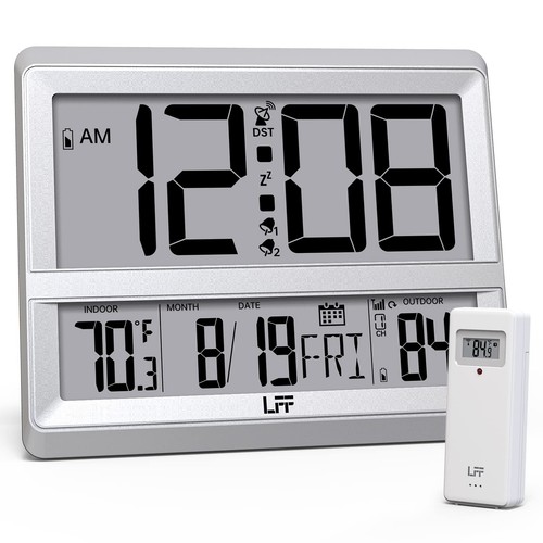 Atomic Clock Large Display, Digital Wall Clock with Indoor Outdoor Temperatur...