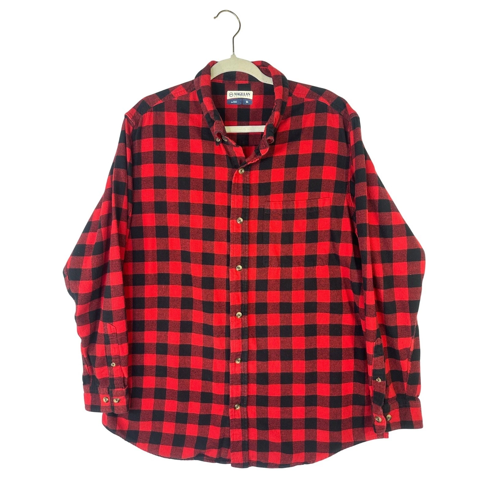 Magellan Outdoors Mens XL Flannel Shirt Red Black Buffalo Plaid Button Down L/S