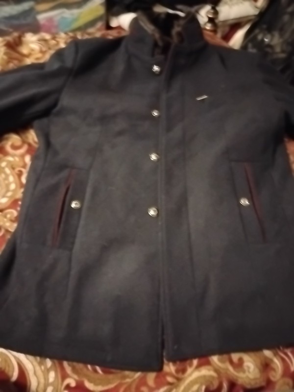 Women's Navy Fur Lined Removable Collar Pea Coat Size Large 