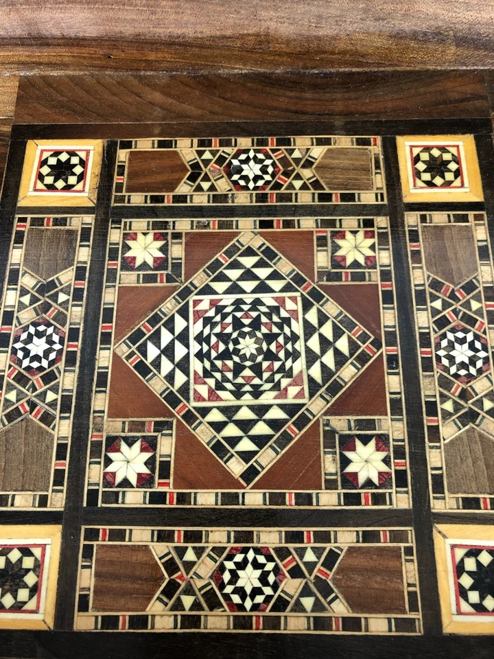 Vintage Mosaic Wood Inlaid Marquetry Backgammon Box ~20 x 10" - Image 4 of 4