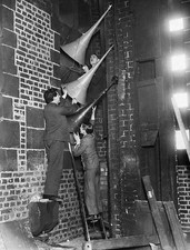 Amplifiers being installed in Manchester Town Hall to ring in the - Old Photo