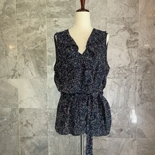 Max Studio Navy Blue Floral Faux Wrap Sleeveless Top L