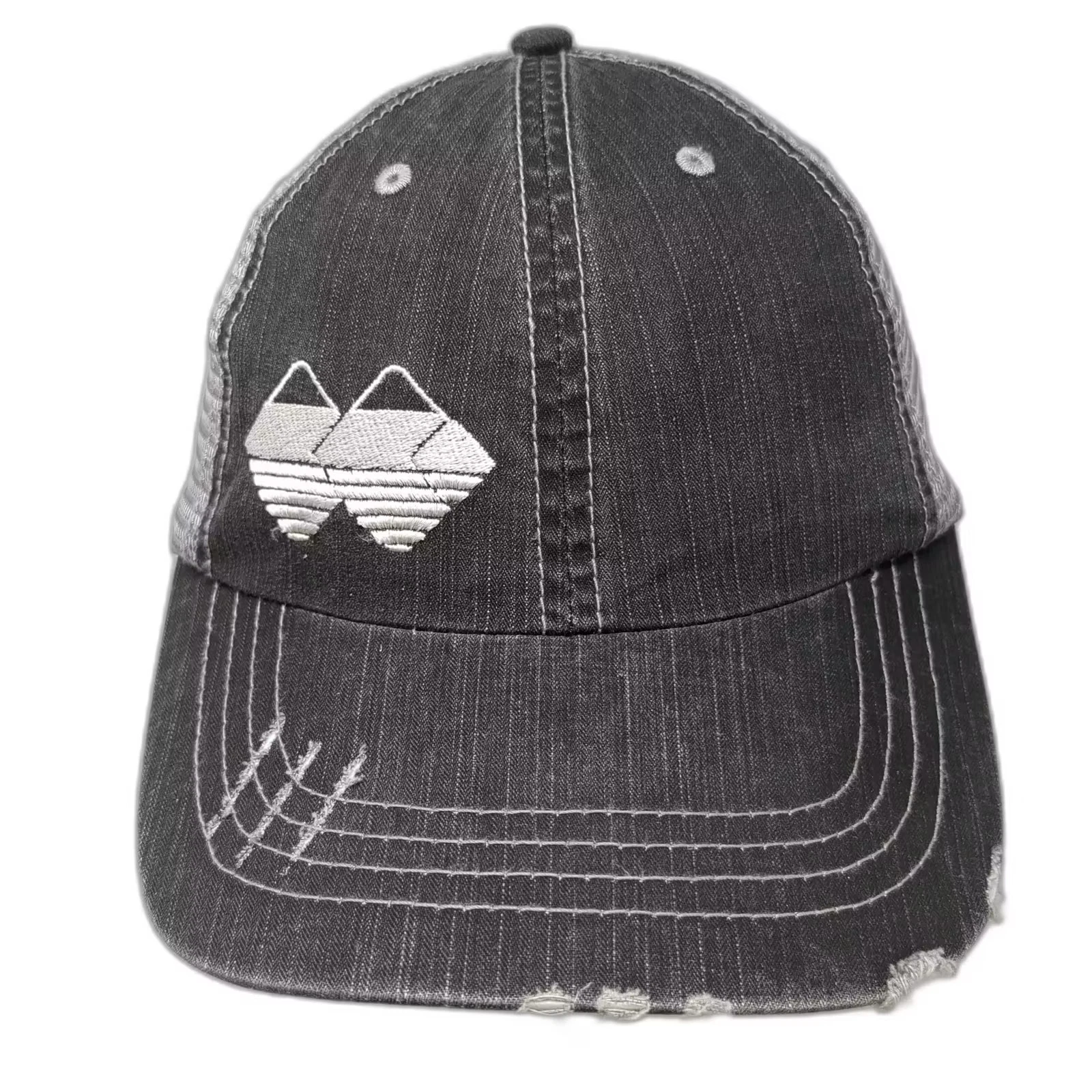 Gray White Baseball Cap OS Mesh Back Embroidered Mountain Graphic Strapback Hat