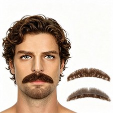Natural Curly Fake Beard and Mustache for Men Hand Tied Invisible Lace Realis...