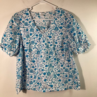 Womens Draper James V Neck Short Sleeve Floral Top Cotton L White Turquoise