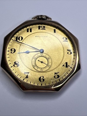 Waltham 43mm Octagon Gold Tone Thin Pocket Watch Crescent Extra Ruby Movement