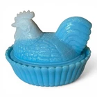 Vintage Westmoreland Glass Rooster On Nest Blue and White  5.5"