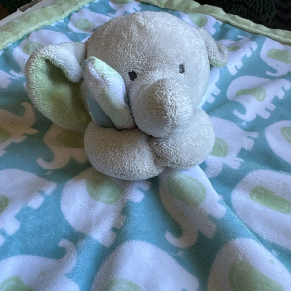 Manta de seguridad Carter's Plush Elephant LOVEY azul verde blanco cuadrada 14" x 14" Foto 2 de 4