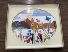 VTG Crewel Embroidery Garden Butterfly Mountains Flowers Floral Finished 11  x9  
