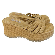 SODA Tan Woven Raffia Platform Slides Wedge Sandals Size 8.5 Y2K Girly 90s