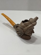 Turkish Hand Carved Meerschaum Sultan Head Pipe w Amber Acrylic Stem VTG Style
