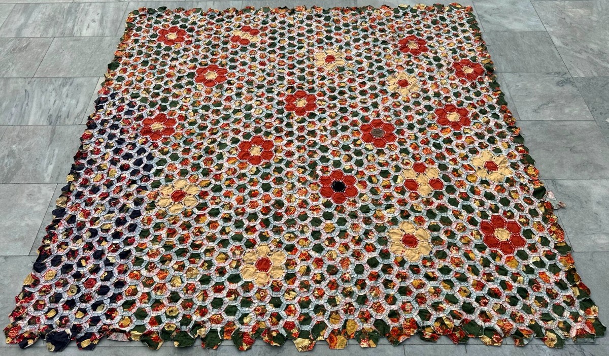Couvre-lit Patchwork Français Fait Main - 172x169 Cm - Textile Vintage 1980
