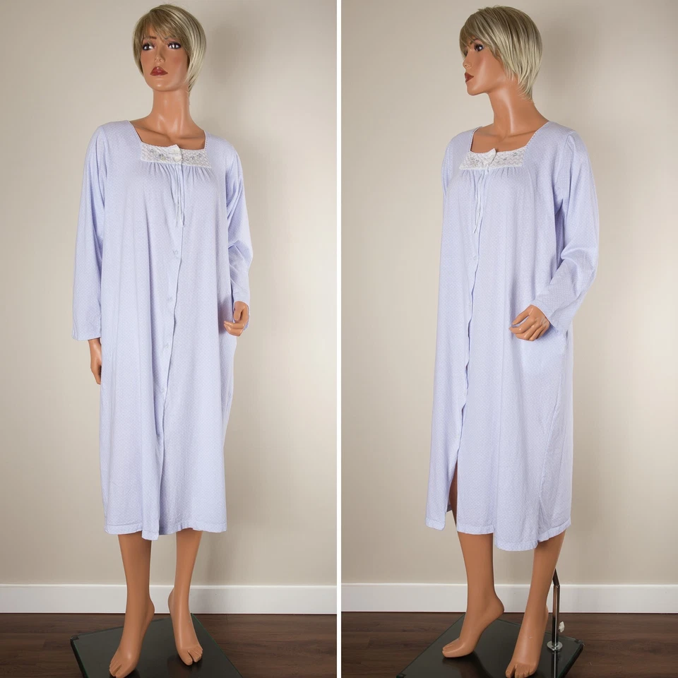 💖ARIA Women Nightgown Robe Cotton Blue Polka Button Front Long Sleeve Pockets M - Image 2 of 4