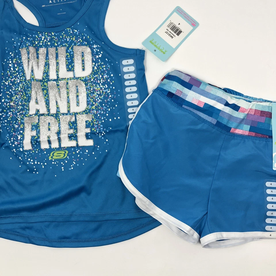 Niñas 4 Skechers Active Tank Shorts Conjunto Azul Turquesa Brillante Salvaje y Gratis K5 Foto 4 de 4