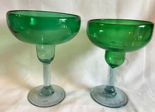 HAND BLOWN GREEN BUBBLE GLASS ~ MARGARITA GLASS PAIR ~ SET OF 2  