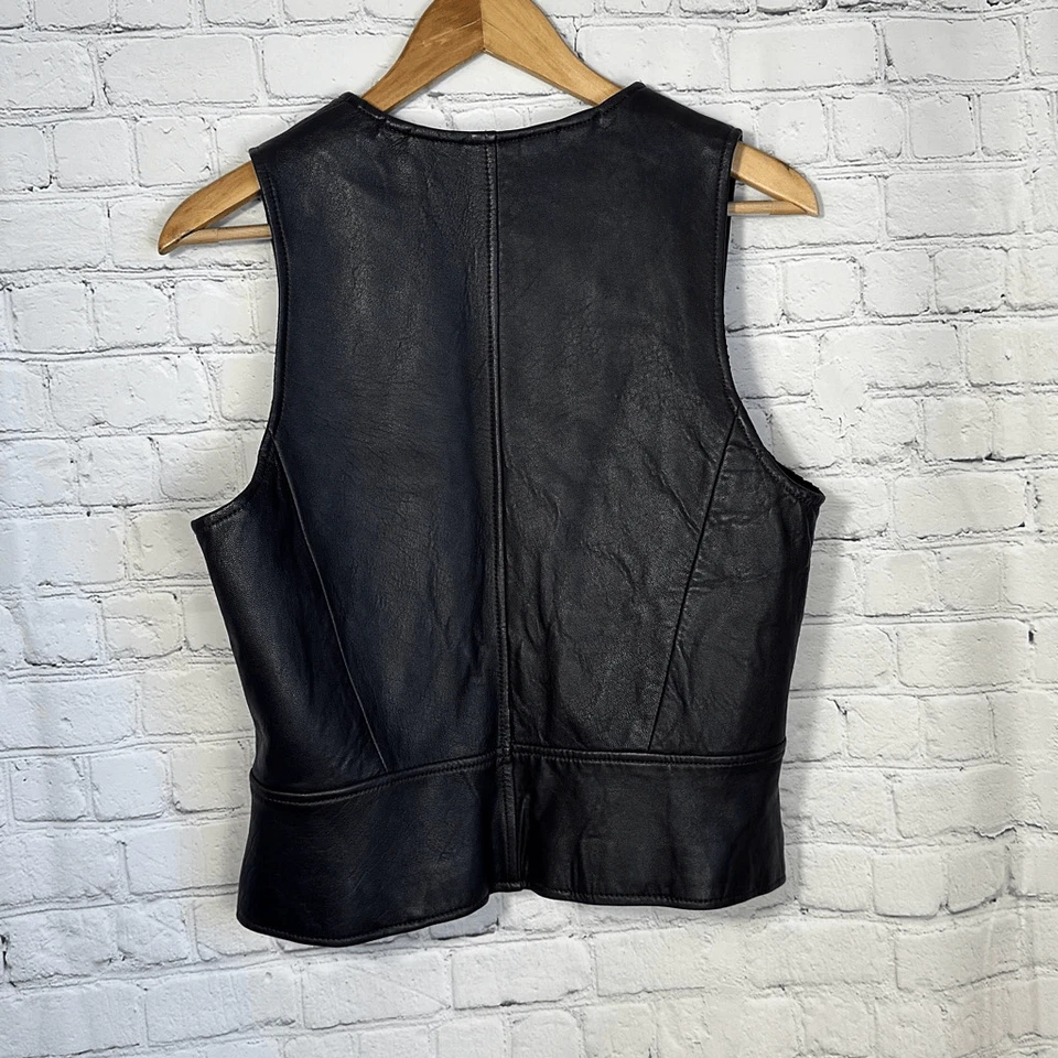 Excelled Black Leather Snap Motorcycle  Biker Vest Womens Medium Full Zip - Imagem 2 de 4
