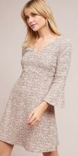 Maeve Tweed Susie Swing Dress Size XS Ivory Red Anthropologie Bell Sleeve