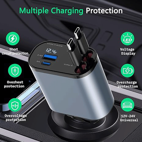 Retractable Car Charger 4 in 1 Fast Car Phone Charger 100W with USB Type C Cable - Picture 1 of 13
