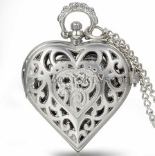 Women Retro Hollow Heart Shape Carved Quartz Pocket Watch Necklace Sweater Chain