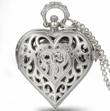 Women Retro Hollow Heart Shape Carved Quartz Pocket Watch Necklace Sweater Chain