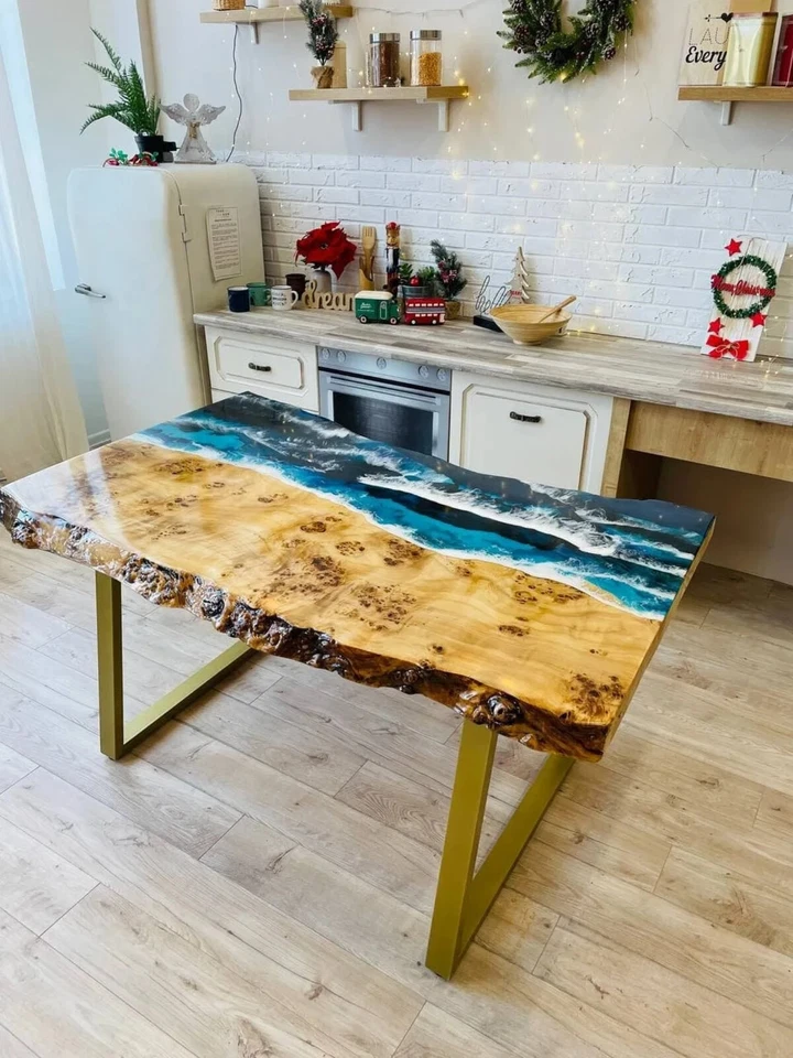 Live Edge Epoxy Resin Ocean Dining Table | Custom Natural Wood Kitchen Table Top - Image 2 of 4