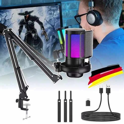Gaming USB Mikrofon PC Microphone Streaming Podcast Studio RGB Kondensator Mic