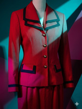 Executive Collection Women's 2pc Skirt Suit Set Red Black Trim Long Sleeve 10