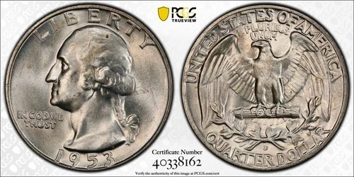 1953 D PCGS MS 64 SILVER WASHINGTON QUARTER BU