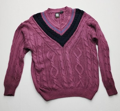 Jed Wear Chuncky Cable Knit Medium Tennis Sweater V Neck  90 s Preppy  M
