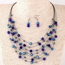 Fashion Blue Jewelry Set Beaded Necklace and Drop Earrings Festive Party US
